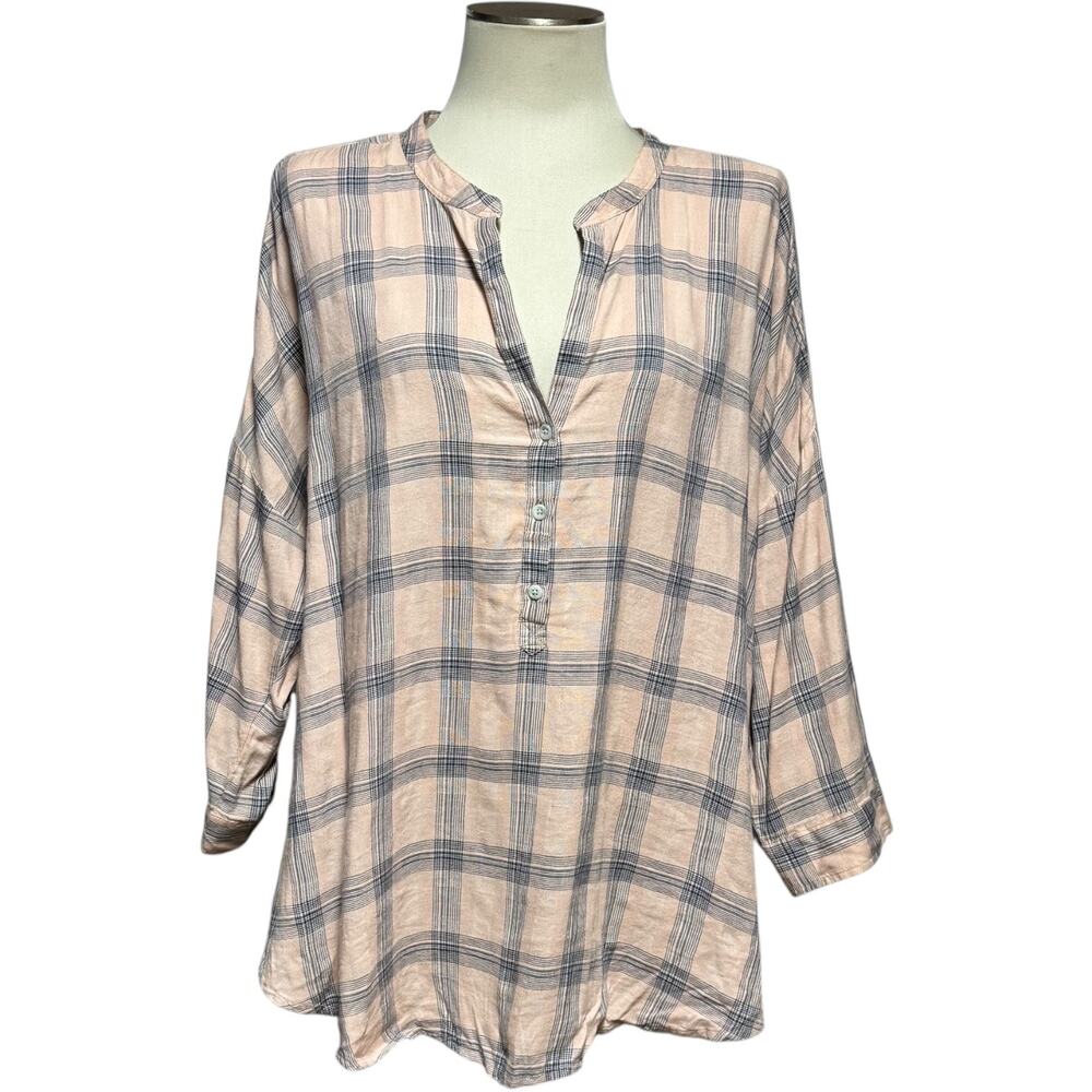 Lucky Brand Popover Tunic Top Pink Blue Plaid 2X